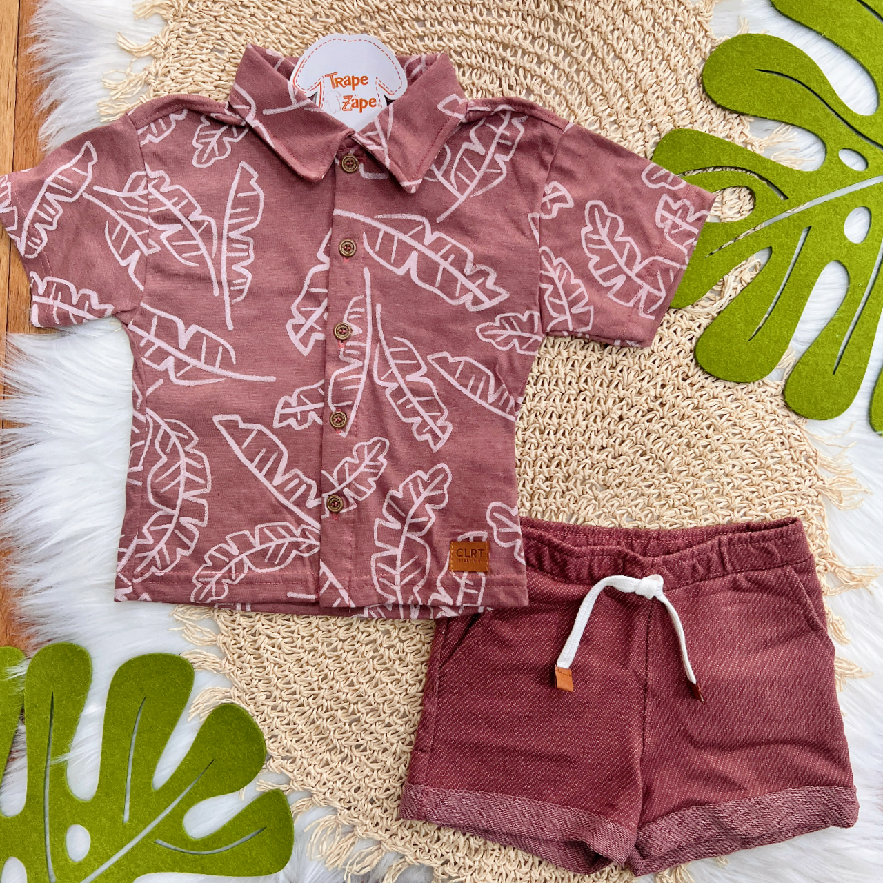 Conj. Camisa Folhagem e Bermuda em Linho - Bordô